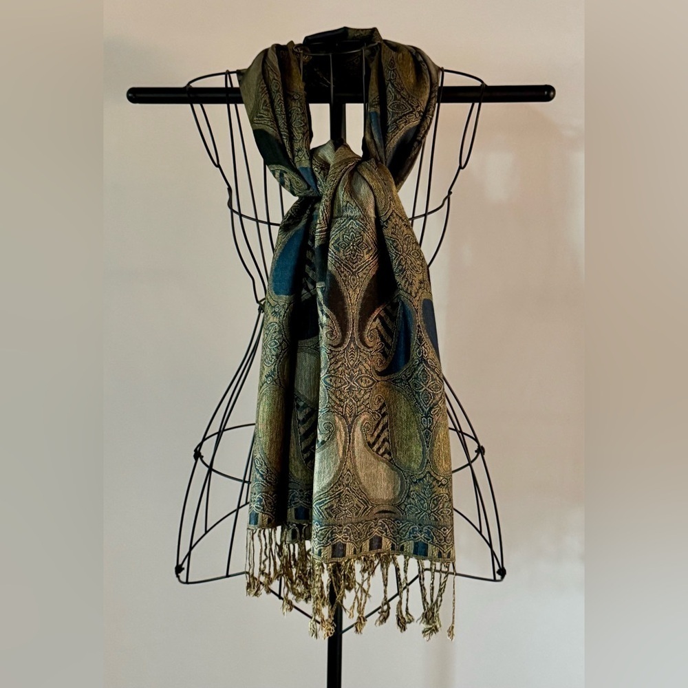 New Blue, Gold, Cream Paisley Print Soft Cozy Luxe Fringe Scarf - 67” x 28”